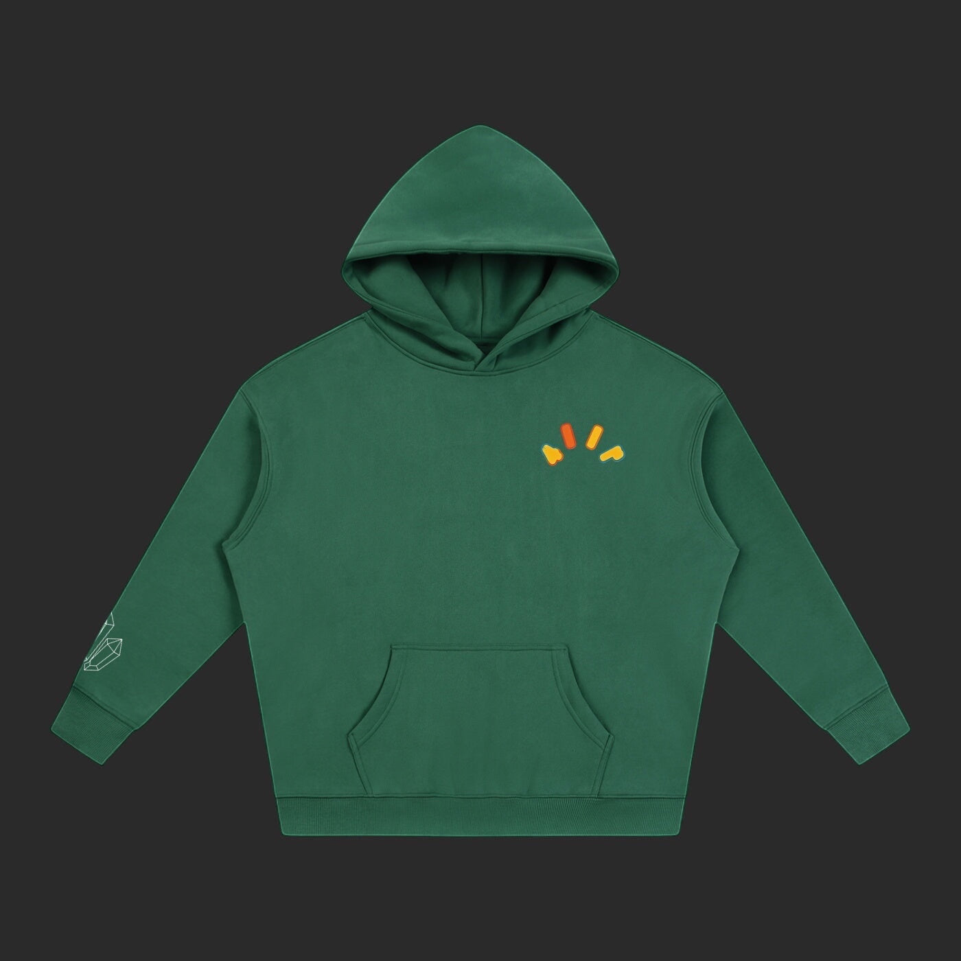 4iir Crystal Lava hoodie in dark green with a small yellow and orange graphic on the chest and sleeve detail.