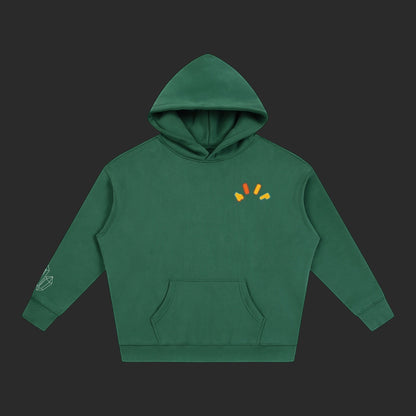 4iir Crystal Lava hoodie in dark green with a small yellow and orange graphic on the chest and sleeve detail.