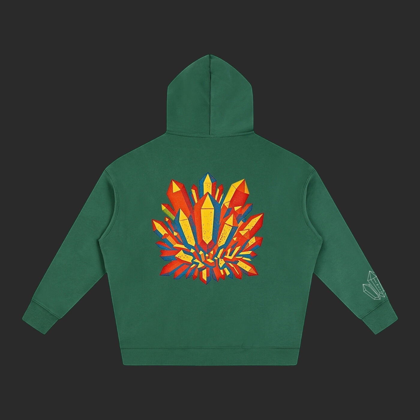 4iir Crystal Lava hoodie in forest green with a vibrant red and yellow crystal graphic on the back.
