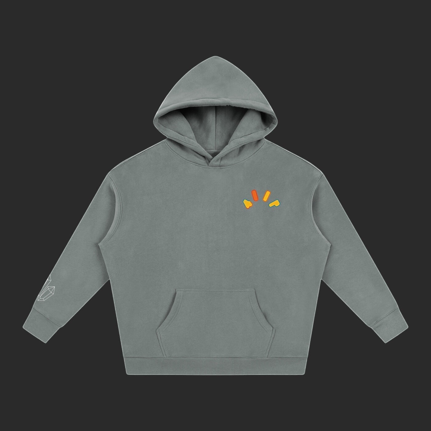 4iir Crystal Lava hoodie in grey with a small colorful lava graphic on the chest and crystal print on the sleeve.