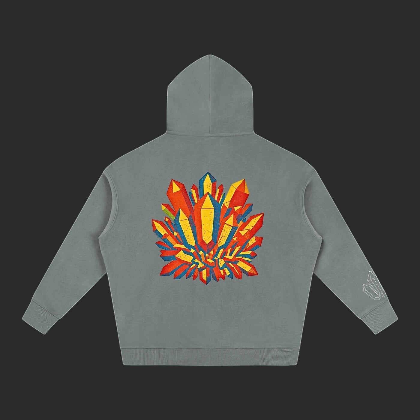 4iir Crystal Lava hoodie in grey with a vibrant red and yellow crystal graphic on the back and sleeve detail.