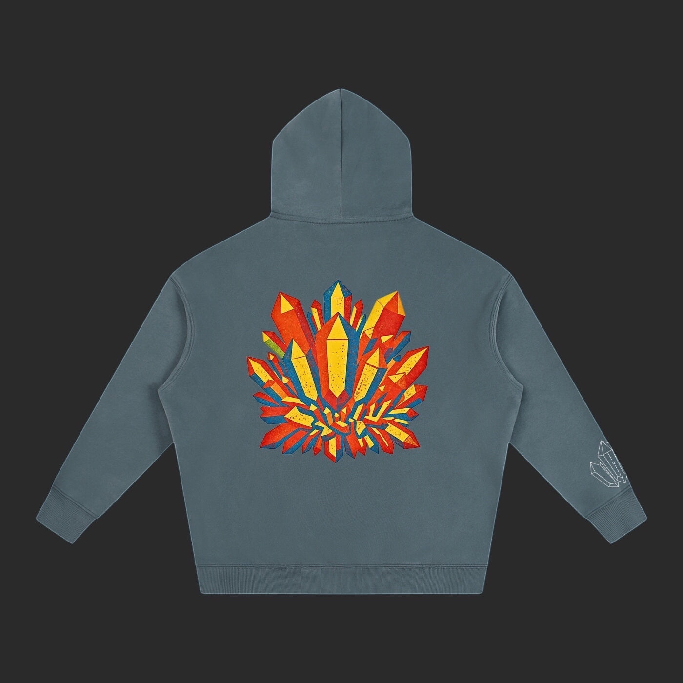 4iir Crystal Lava hoodie in grey with a vibrant red and yellow crystal graphic on the back and sleeve detail.