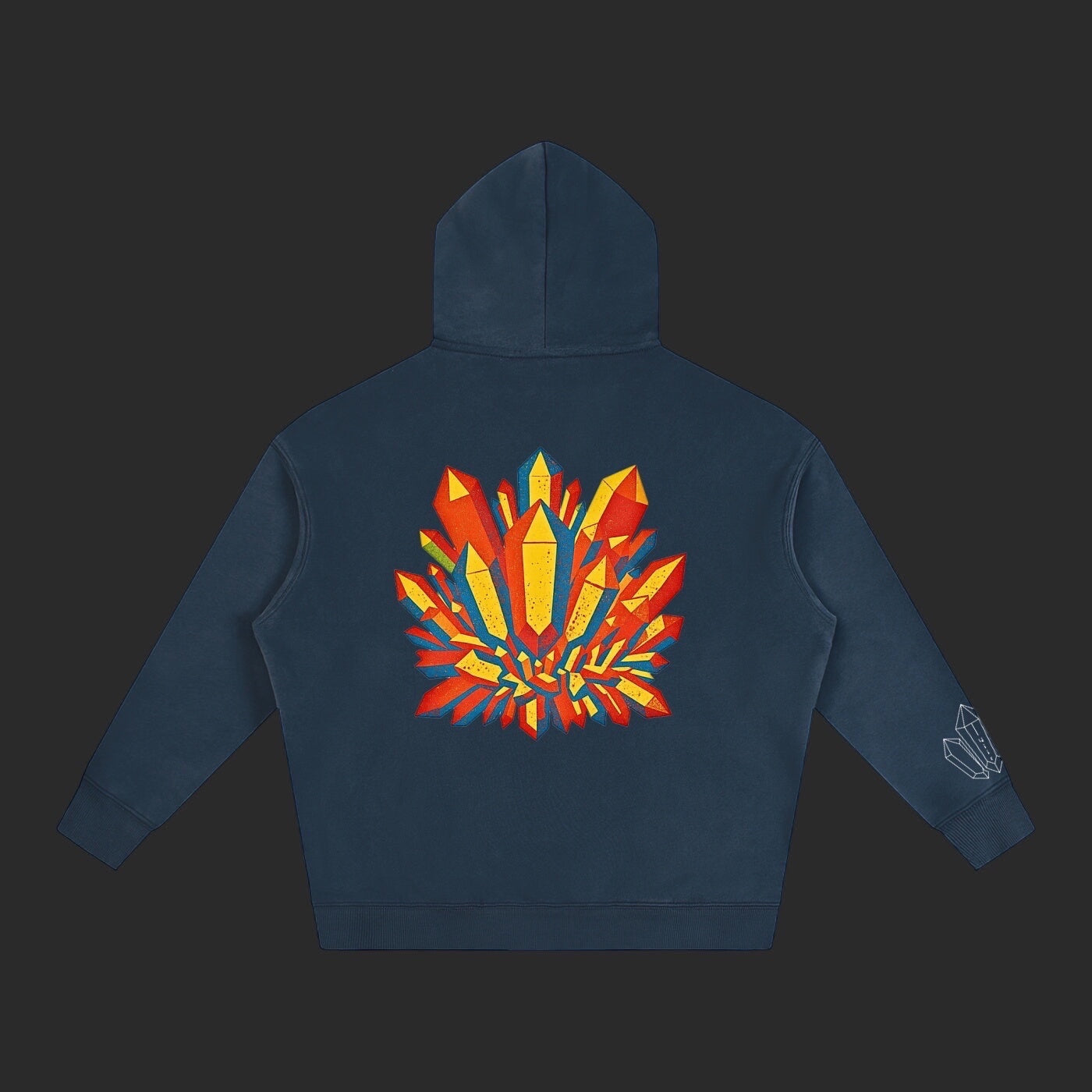 4iir Crystal Lava hoodie in dark blue with a vibrant red and yellow geometric crystal graphic on the back.