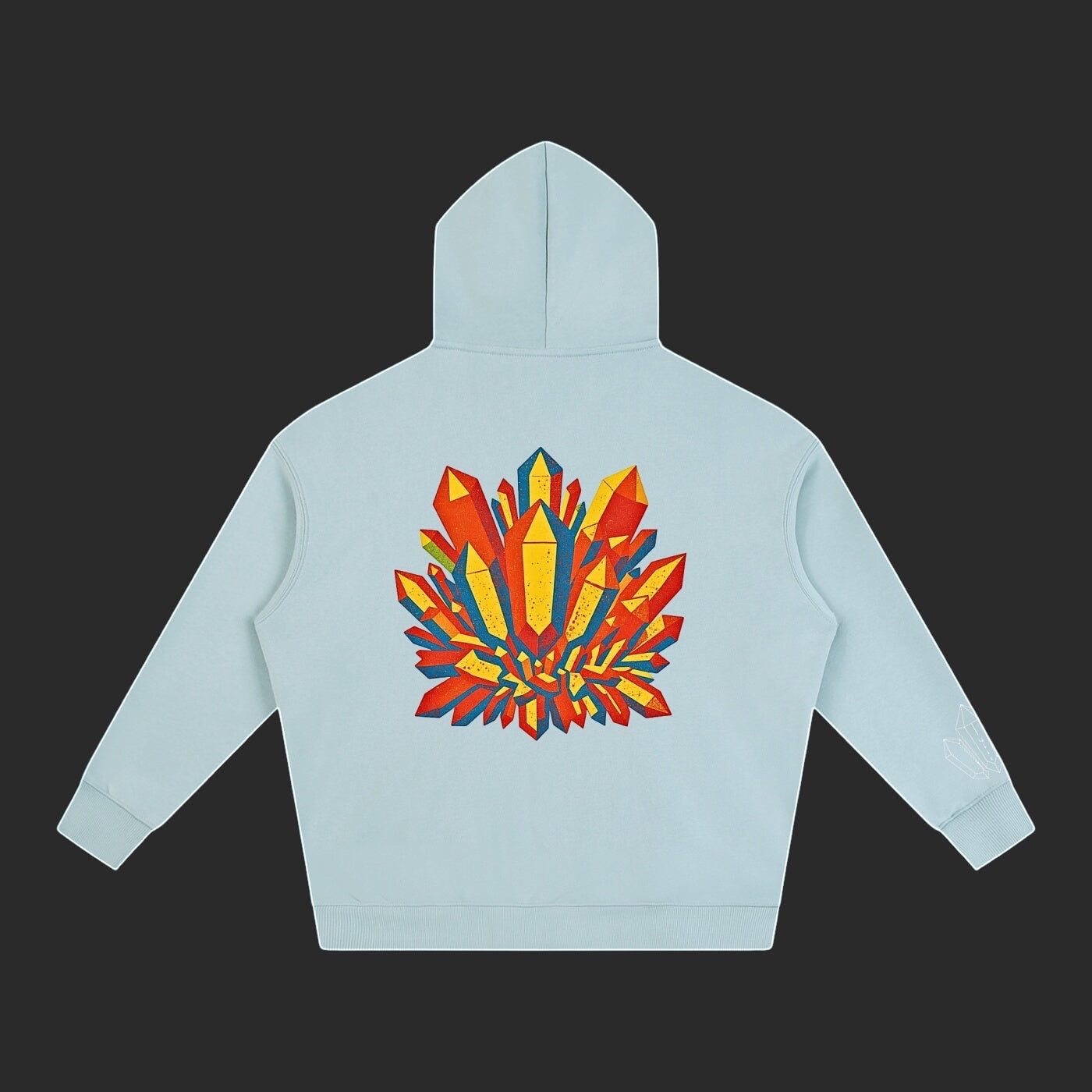 4iir Crystal Lava hoodie in light blue featuring a vibrant red and yellow crystal graphic on the back.