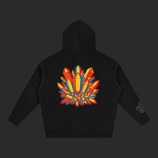 4iir Crystal Lava hoodie in black featuring a vibrant red and yellow molten crystal graphic on the back