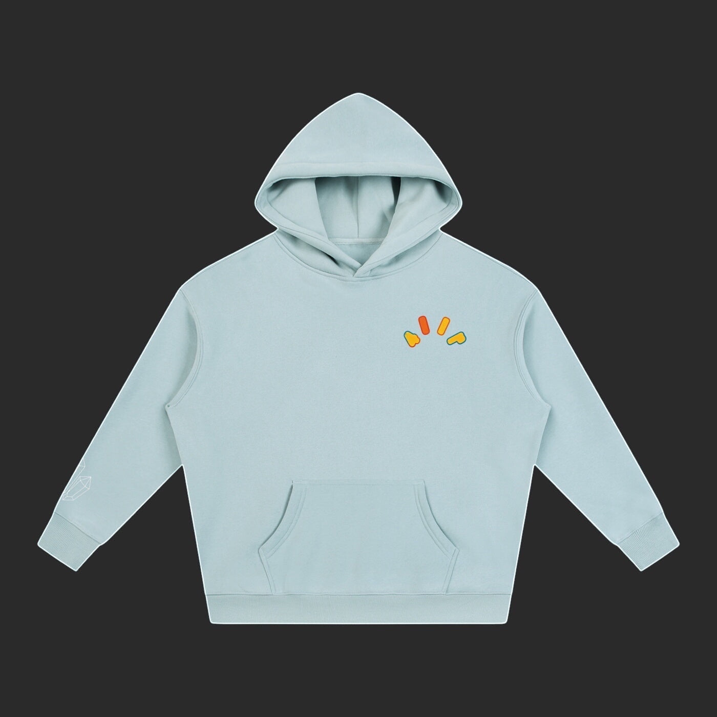 4iir Crystal Lava hoodie in light blue with a small volcanic graphic on the chest and a kangaroo pocket.