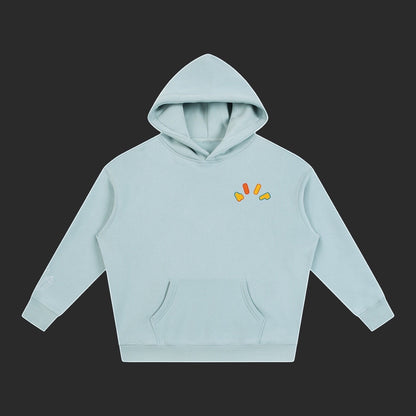 4iir Crystal Lava hoodie in light blue with a small volcanic graphic on the chest and a kangaroo pocket.