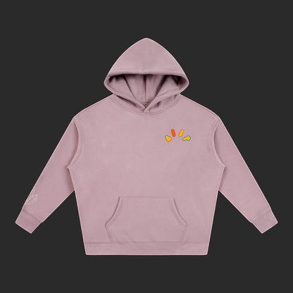 4iir Crystal Lava hoodie in dusty mauve with a small colorful lava graphic on the chest and crystal print on the sleeve