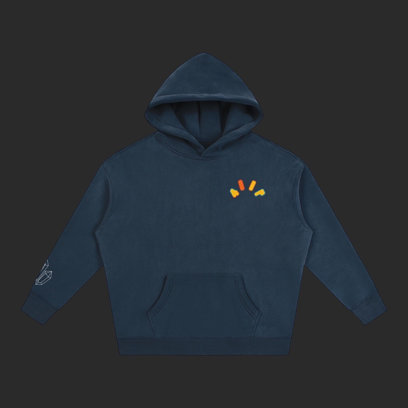 4iir Crystal Lava hoodie in dark navy blue with a small molten lava chest graphic and crystal sleeve detail.
