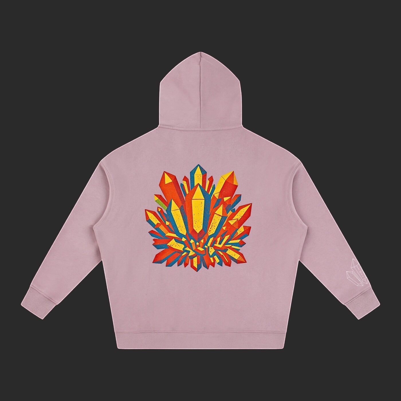 4iir Crystal Lava hoodie in dusty pink with a vibrant multi-colored crystal graphic on the back
