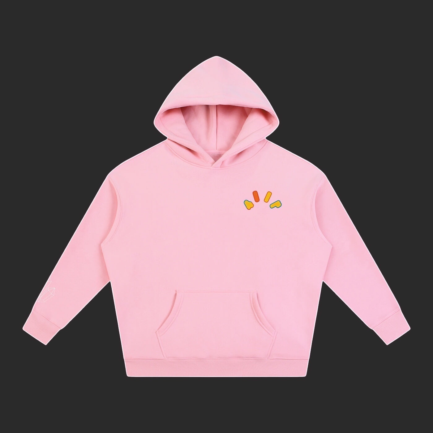 4iir Crystal Lava hoodie in light pink with a small colorful volcanic graphic on the chest and a front pocket.