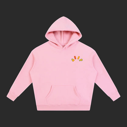 4iir Crystal Lava hoodie in light pink with a small colorful volcanic graphic on the chest and a front pocket.