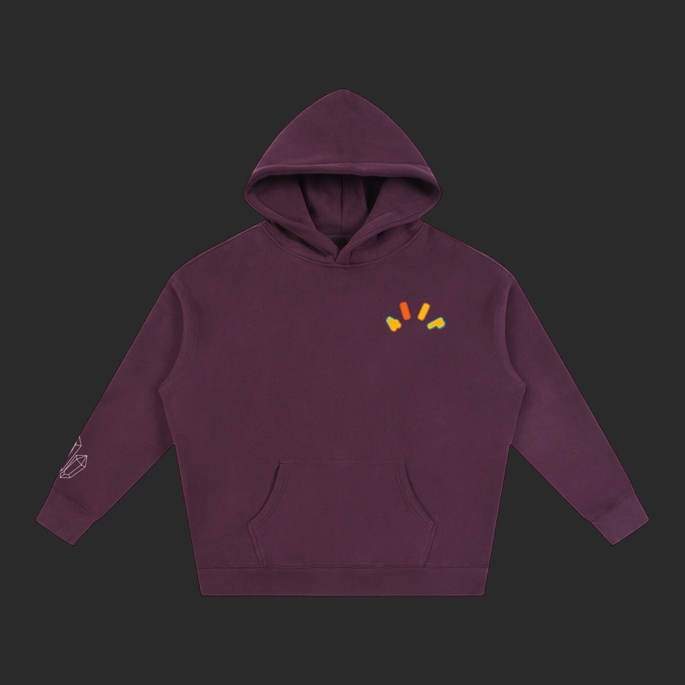 4iir Crystal Lava hoodie in deep purple with a small colorful graphic on the chest and crystal print on the sleeve.