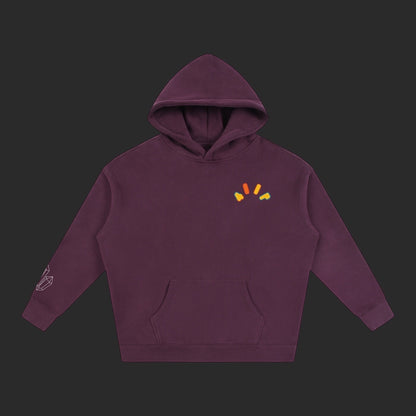 4iir Crystal Lava hoodie in deep purple with a small colorful graphic on the chest and crystal print on the sleeve.