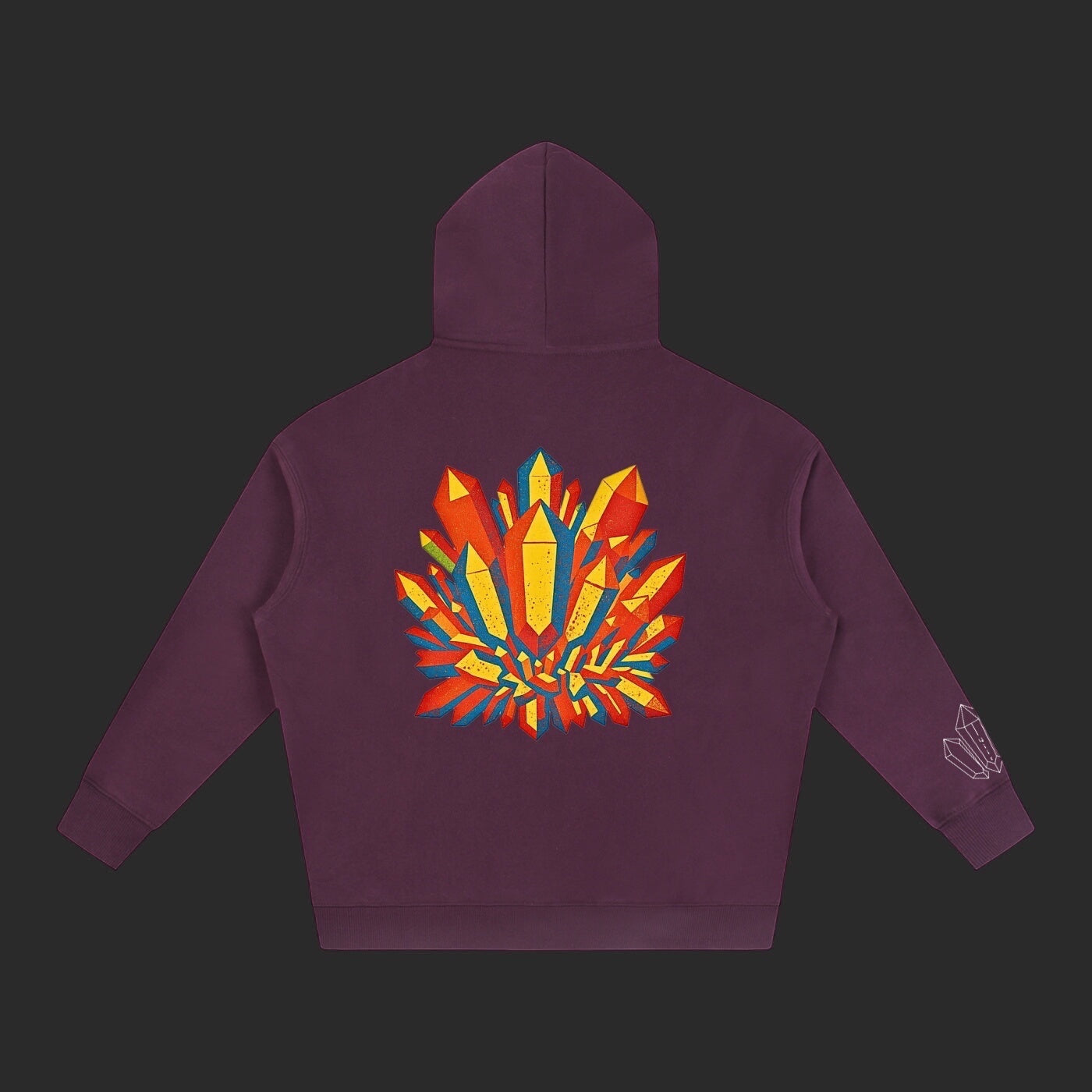 4iir Crystal Lava hoodie in deep purple with a vibrant, multi-colored crystal graphic on the back.