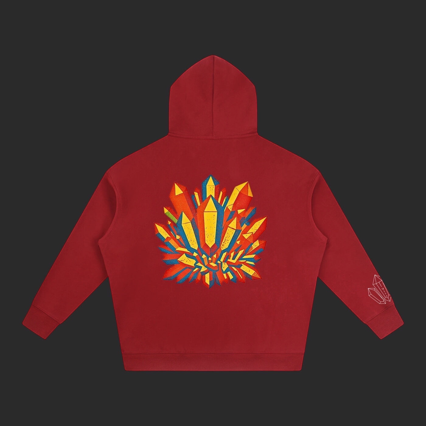 4iir Crystal Lava hoodie in deep red with a vibrant, multi-colored crystal graphic on the back.