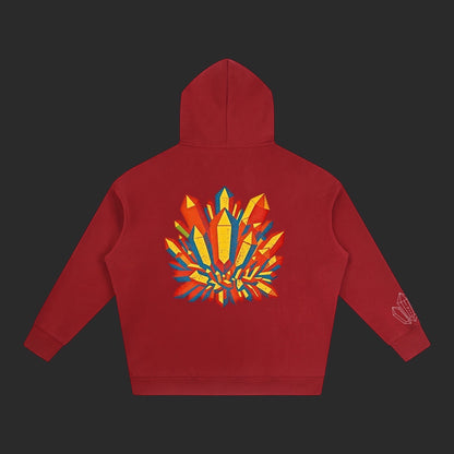 4iir Crystal Lava hoodie in deep red with a vibrant, multi-colored crystal graphic on the back.