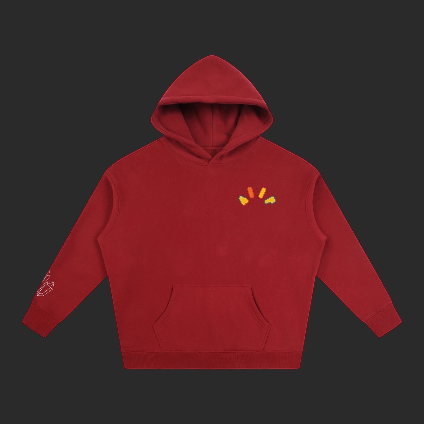 4iir Crystal Lava hoodie in deep red with a small chest graphic and crystal detail on the sleeve.