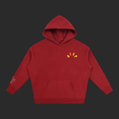 4iir Crystal Lava hoodie in deep red with a small chest graphic and crystal detail on the sleeve.