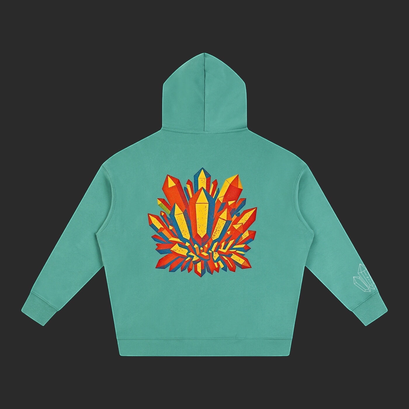 4iir Crystal Lava hoodie in teal with a vibrant red and yellow crystal graphic on the back and sleeve detail.