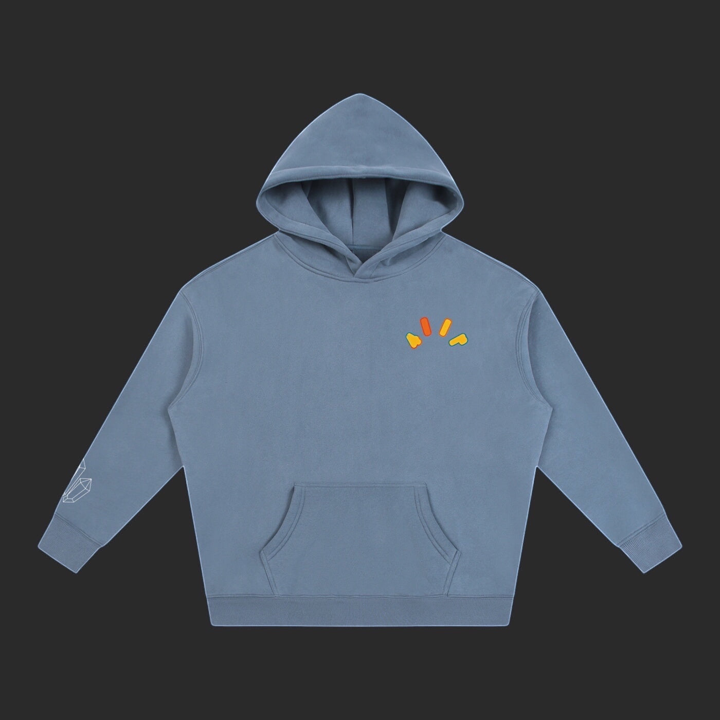 4iir Crystal Lava hoodie in dusty blue with a small colorful chest graphic and crystal sleeve detail.