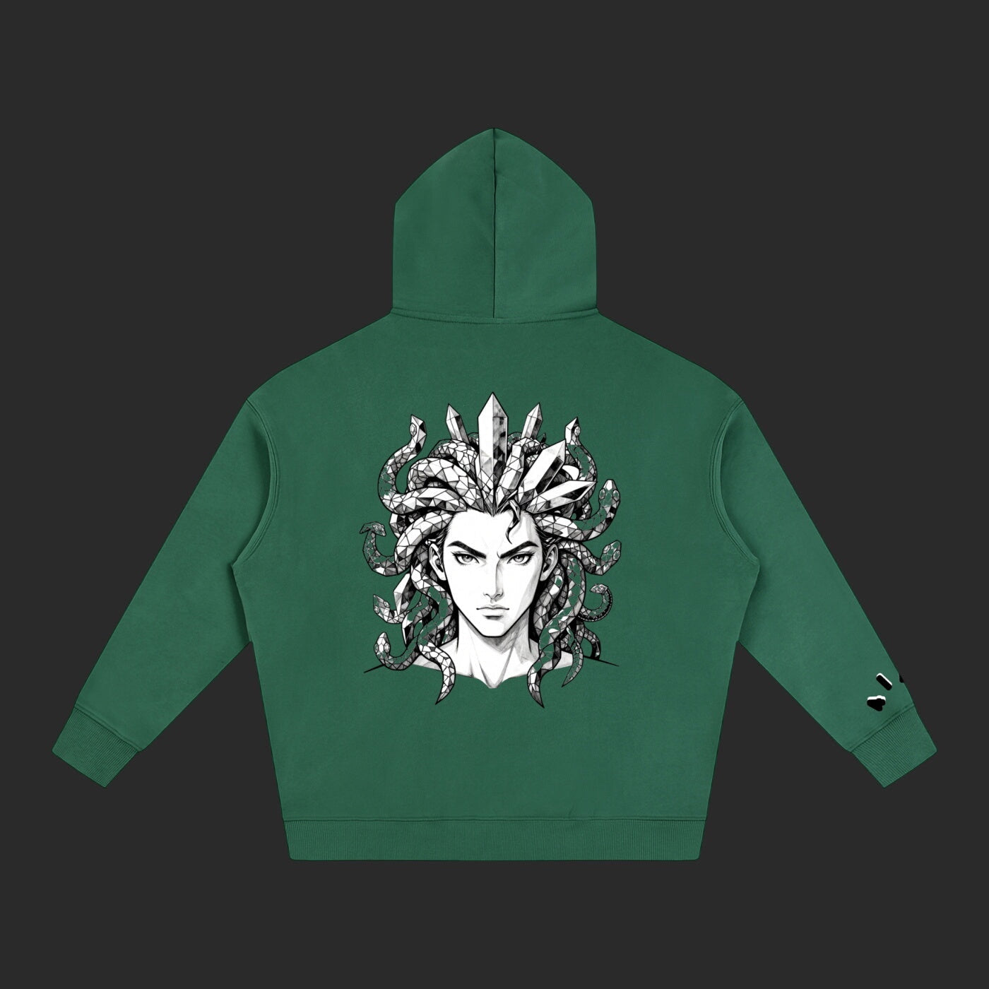 4iir green Revenge hoodie featuring a detailed black and white Medusa graphic on the back with crystal accents.