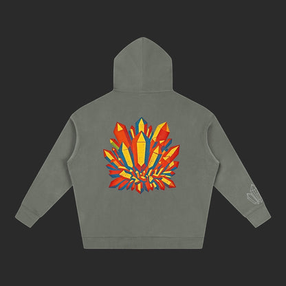 Back view of a 4iir grey thick cotton-blend hoodie featuring a vibrant red and yellow crystal lava graphic print.