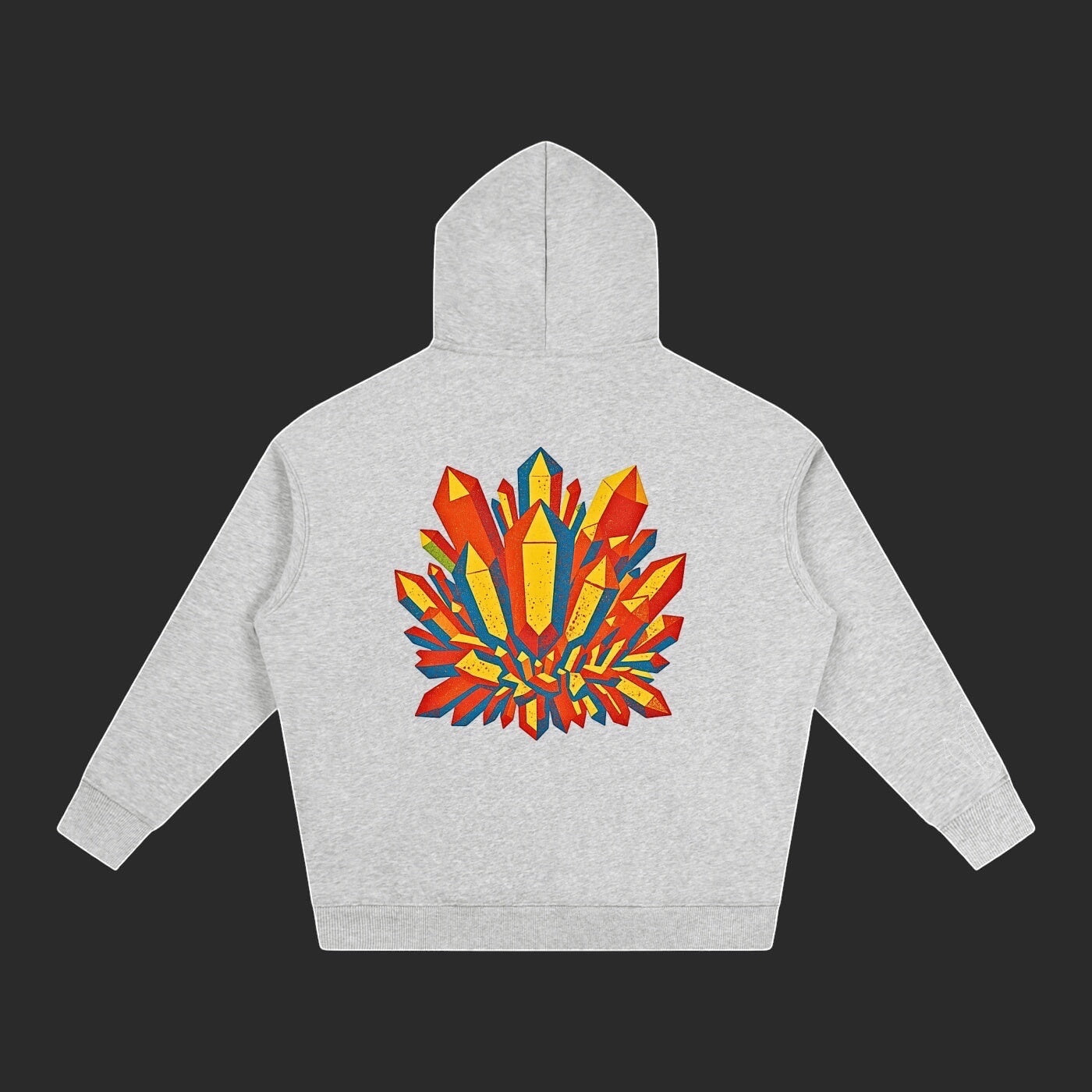 4iir Crystal Lava hoodie in grey featuring a vibrant red, yellow, and blue crystal graphic on the back.