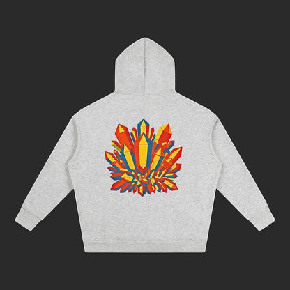 4iir Crystal Lava hoodie in grey featuring a vibrant red, yellow, and blue crystal graphic on the back.