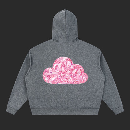4iir grey pullover hoodie featuring a vibrant pink diamond-inspired cloud graphic on the back