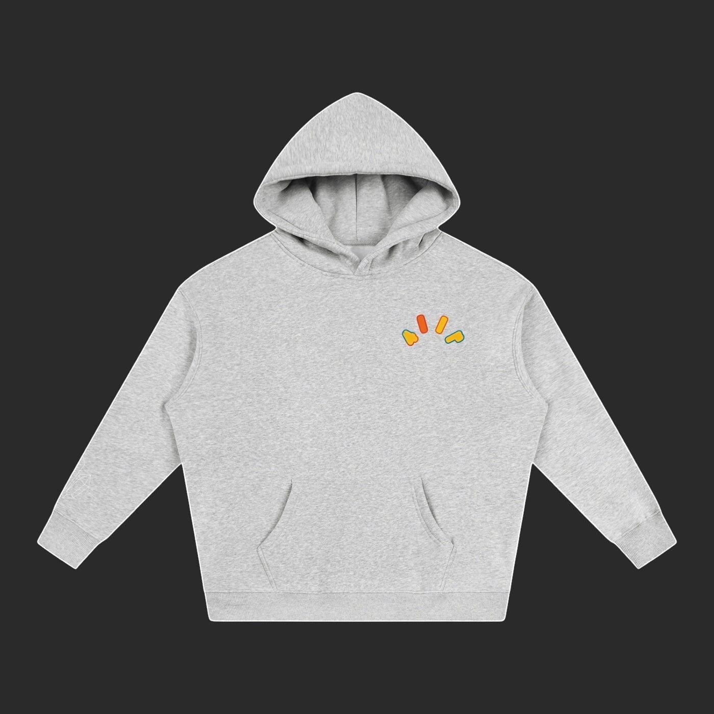 4iir Crystal Lava hoodie in grey with a small colourful molten lava graphic on the chest and a front kangaroo pocket.