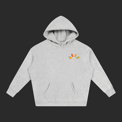 4iir Crystal Lava hoodie in grey with a small colourful molten lava graphic on the chest and a front kangaroo pocket.