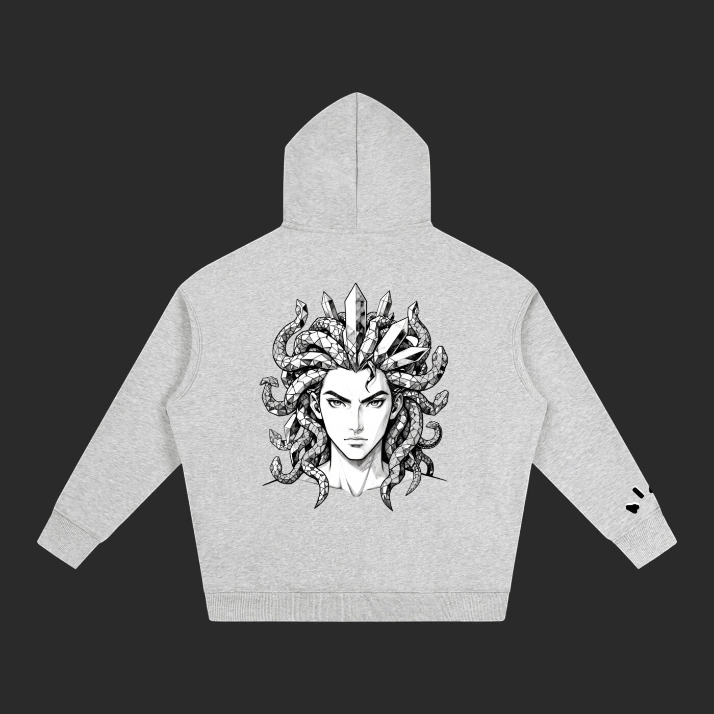4iir grey Revenge hoodie featuring a detailed black and white Medusa graphic on the back with crystal accents.