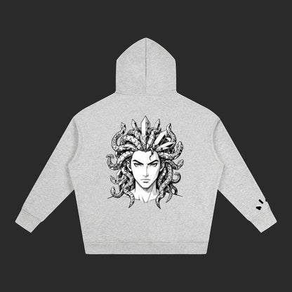 4iir grey Revenge hoodie featuring a detailed black and white Medusa graphic on the back with crystal accents.