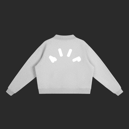 4iir Pink Cloud sweater in grey with a white graphic on the back, featuring a ribbed collar and cuffs.