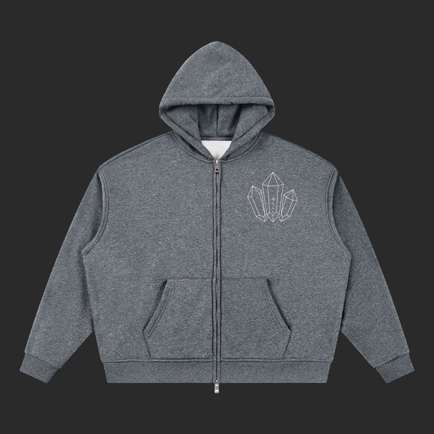 4iir grey zip-up hoodie with a white diamond graphic on the chest, featuring a relaxed fit and front pockets.