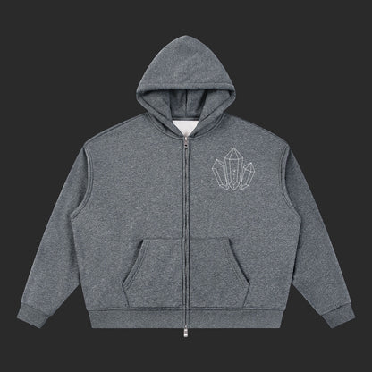 4iir grey zip-up hoodie with a white diamond graphic on the chest, featuring a relaxed fit and front pockets.
