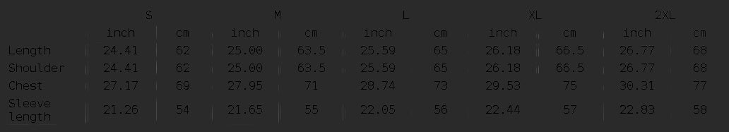 4iir size chart table for graphic print pullover hooded sweatshirt showing length shoulder chest and sleeve measurements