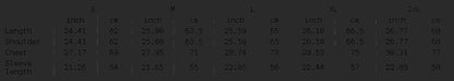 4iir size chart table for graphic print pullover hooded sweatshirt showing length shoulder chest and sleeve measurements