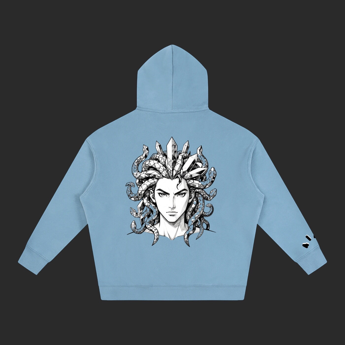 4iir light blue hoodie featuring a detailed black and white Medusa graphic on the back with crystal accents