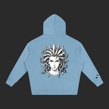 4iir light blue hoodie featuring a detailed black and white Medusa graphic on the back with crystal accents