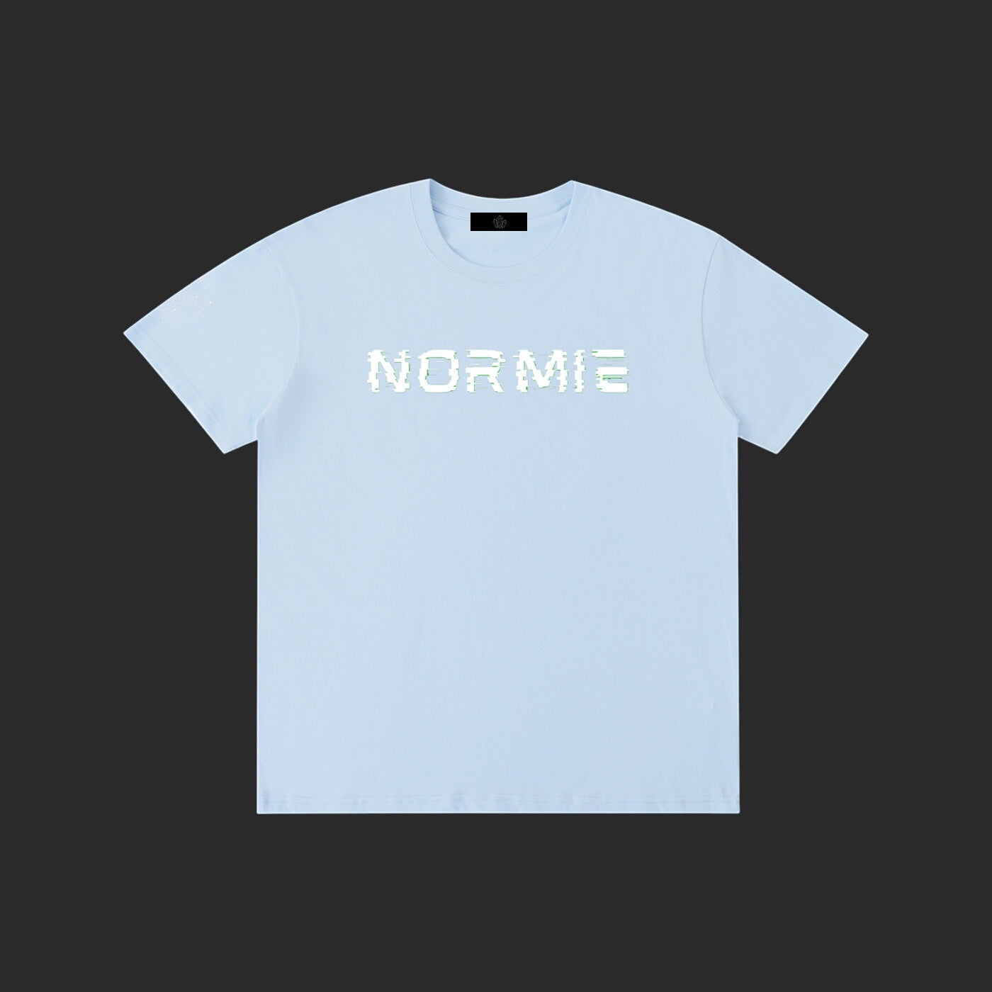 4iir light blue cotton Normie T-shirt with white glitch-style text graphic on the chest.