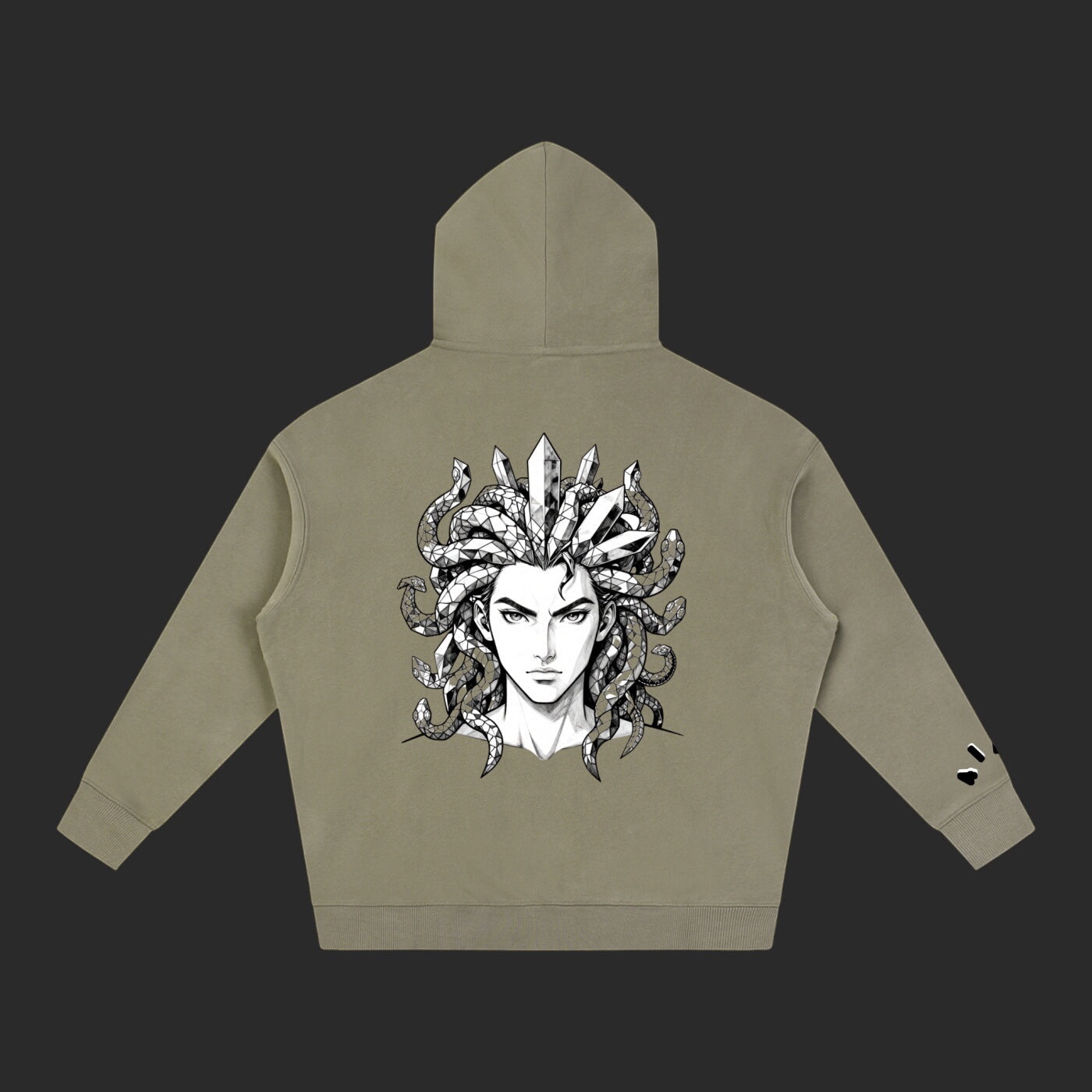4iir olive green thick cotton blend hoodie featuring a detailed black and white Medusa graphic on the back.