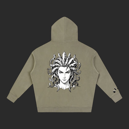 4iir olive green thick cotton blend hoodie featuring a detailed black and white Medusa graphic on the back.