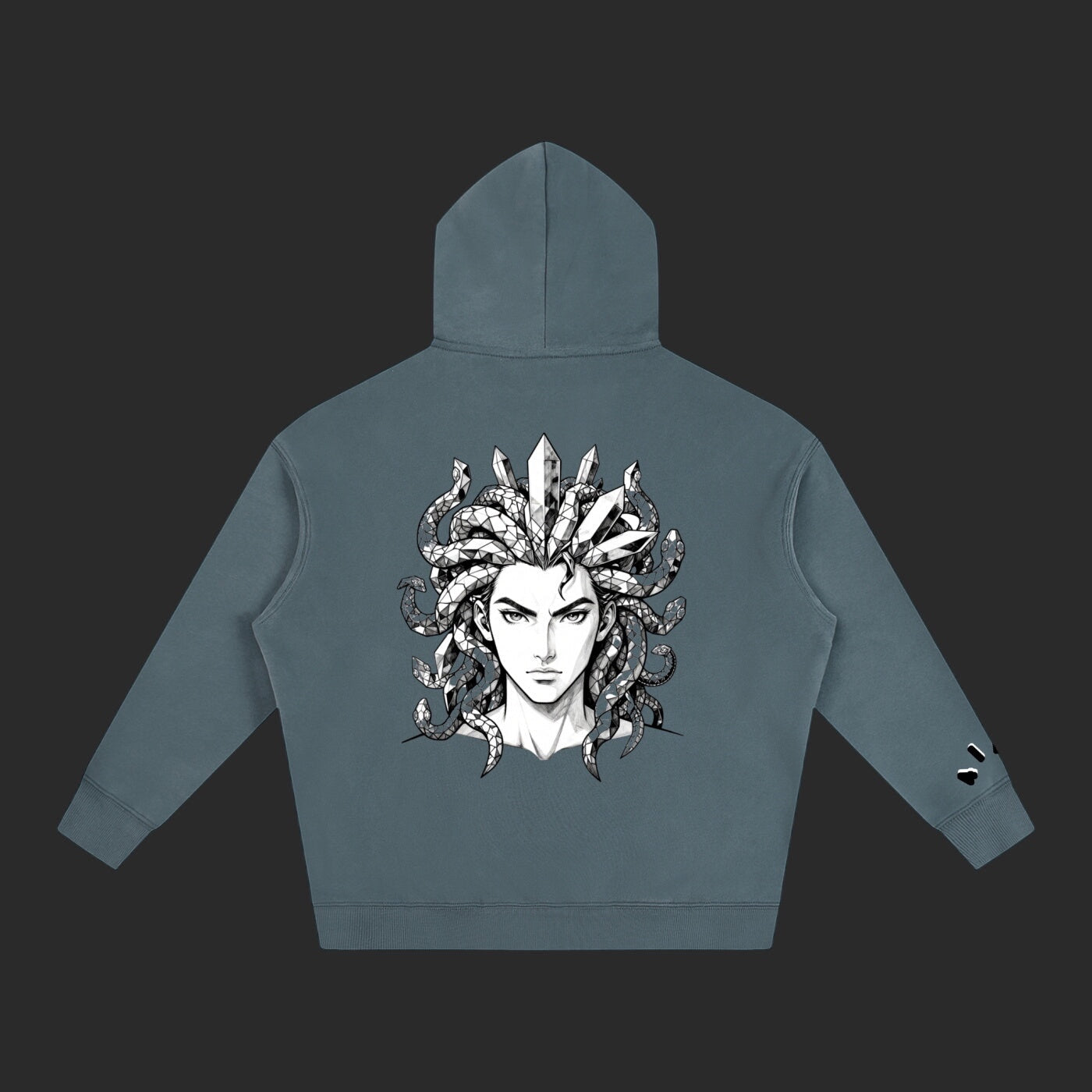 4iir Revenge hoodie in slate blue featuring a detailed Medusa graphic on the back with crystal and snake motifs.