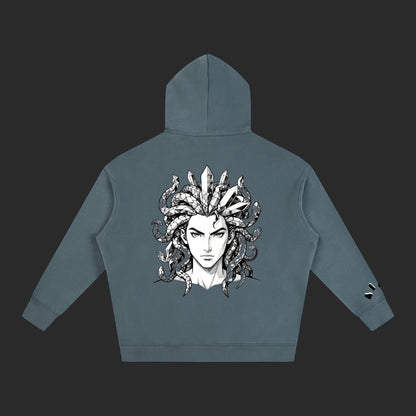 4iir Revenge hoodie in slate blue featuring a detailed Medusa graphic on the back with crystal and snake motifs.