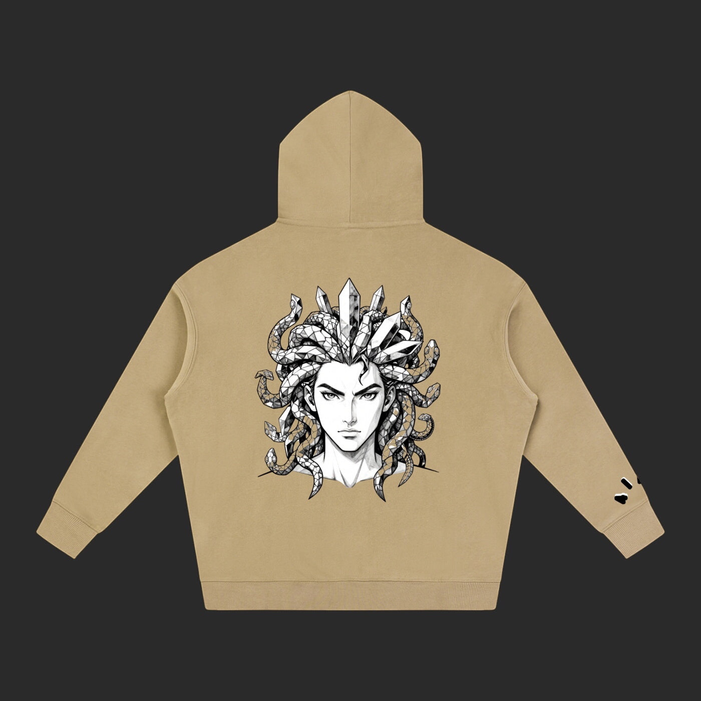 4iir Revenge hoodie in tan featuring a detailed Medusa graphic with snakes and crystals on the back