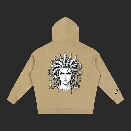 4iir Revenge hoodie in tan featuring a detailed Medusa graphic with snakes and crystals on the back