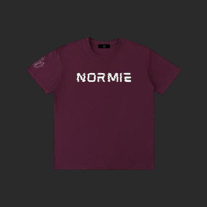 4iir Normie T in maroon cotton with white glitch-effect text on the chest and small graphic on the right sleeve.