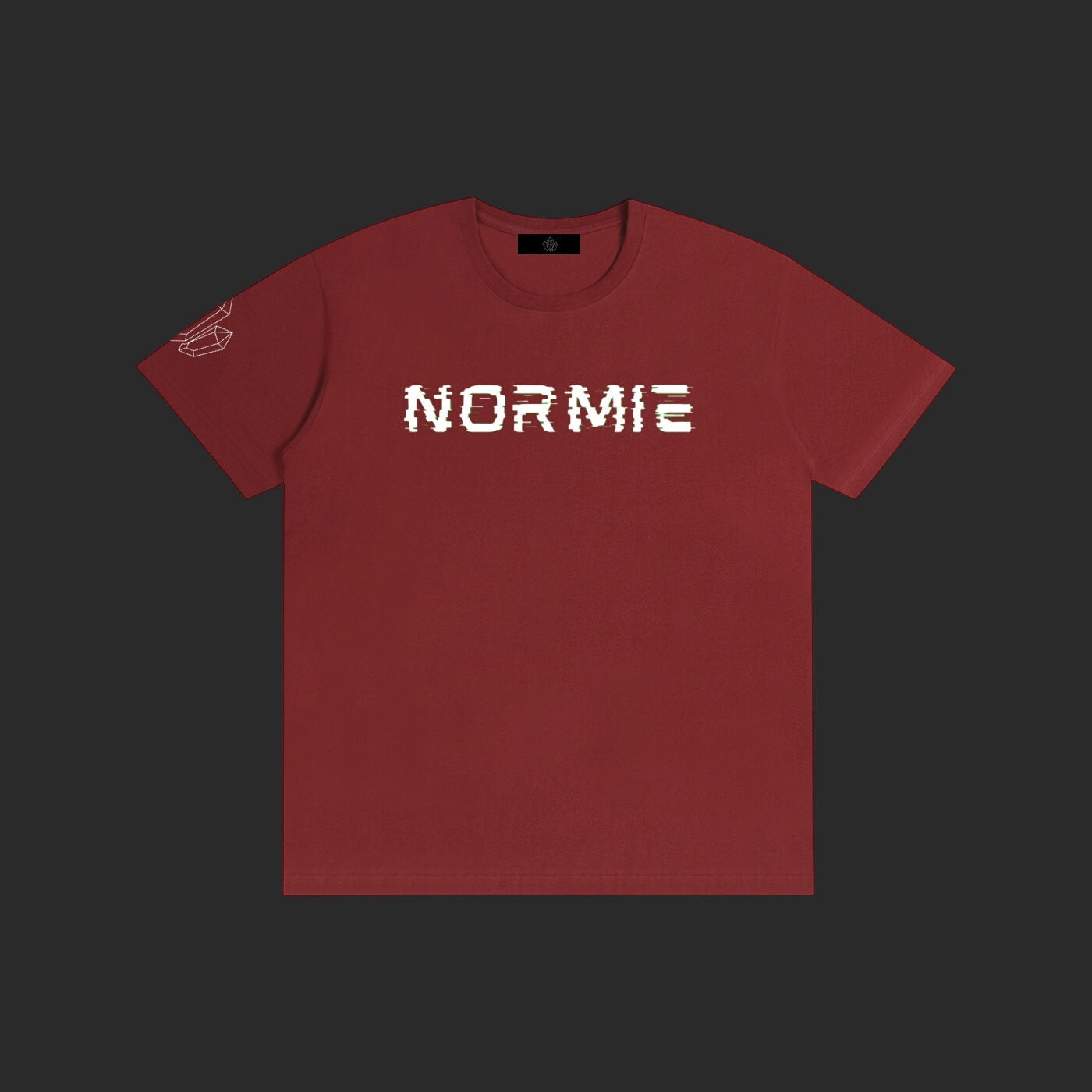 4iir Normie T-shirt in dark red cotton with white glitch-style text graphic on chest and small sleeve detail
